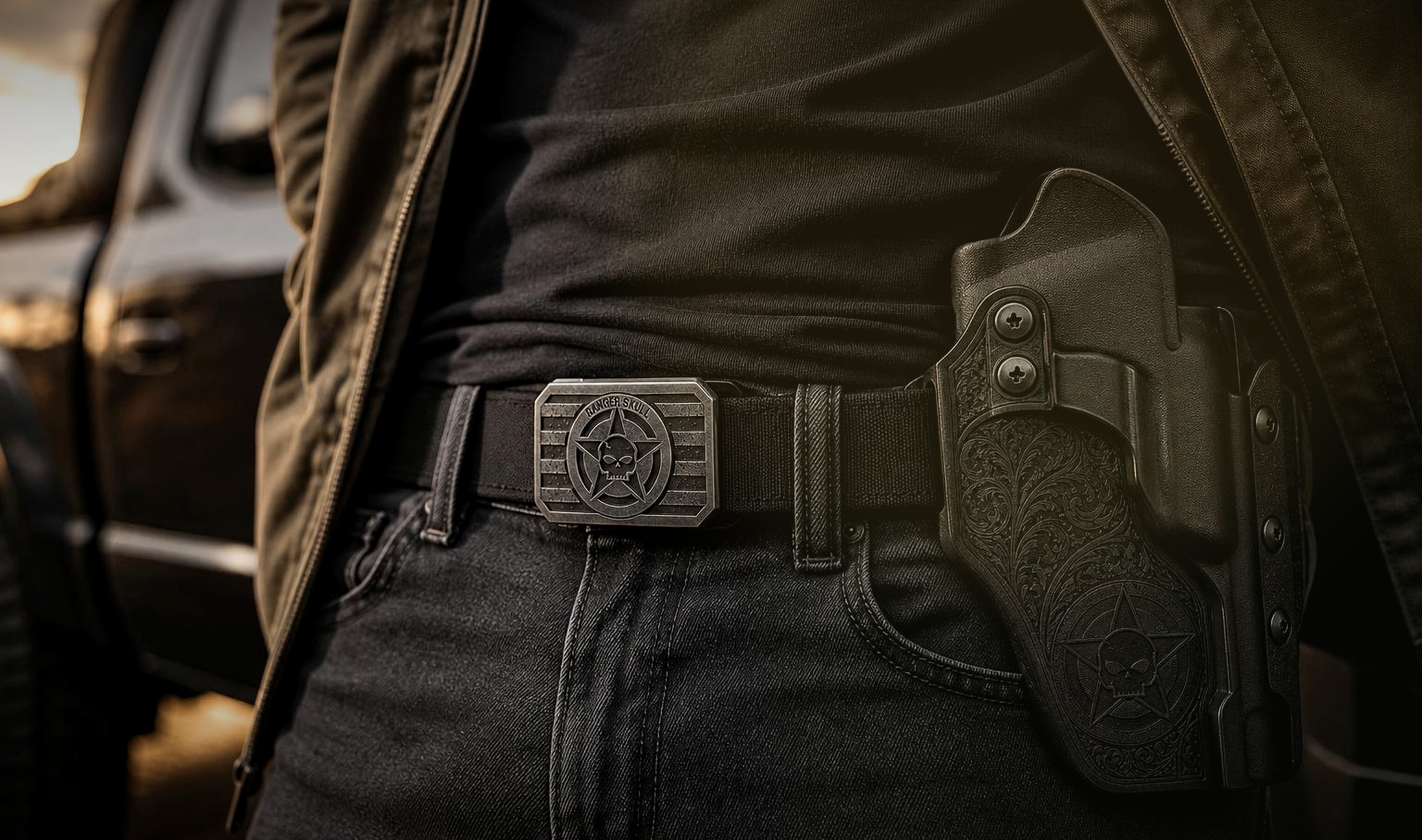 Ranger Skull belt and holster worn in a civilian lifestyle setting